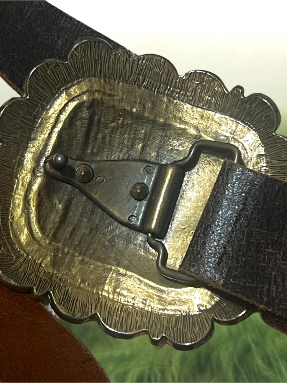 Vintage Brown Leather Belt with Ornate Black Stone Buckle
